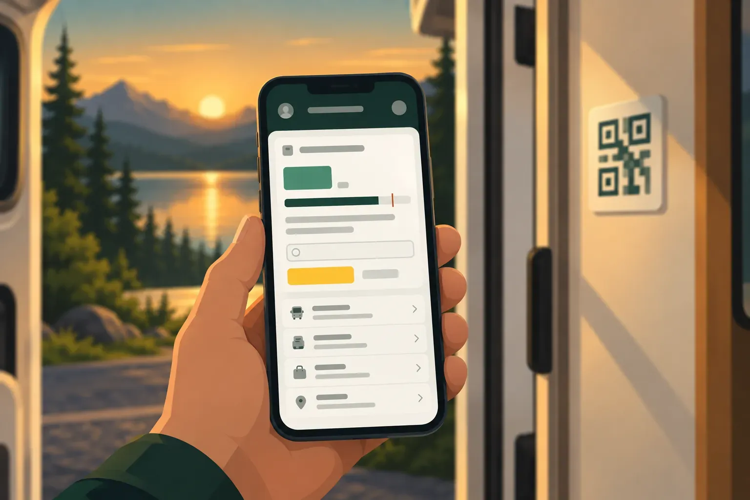 Ein Smartphone mit dem Womo-Planer in der Hand, dahinter an der Wand neben der Tür eines Wohnmobils ein QR-Code
